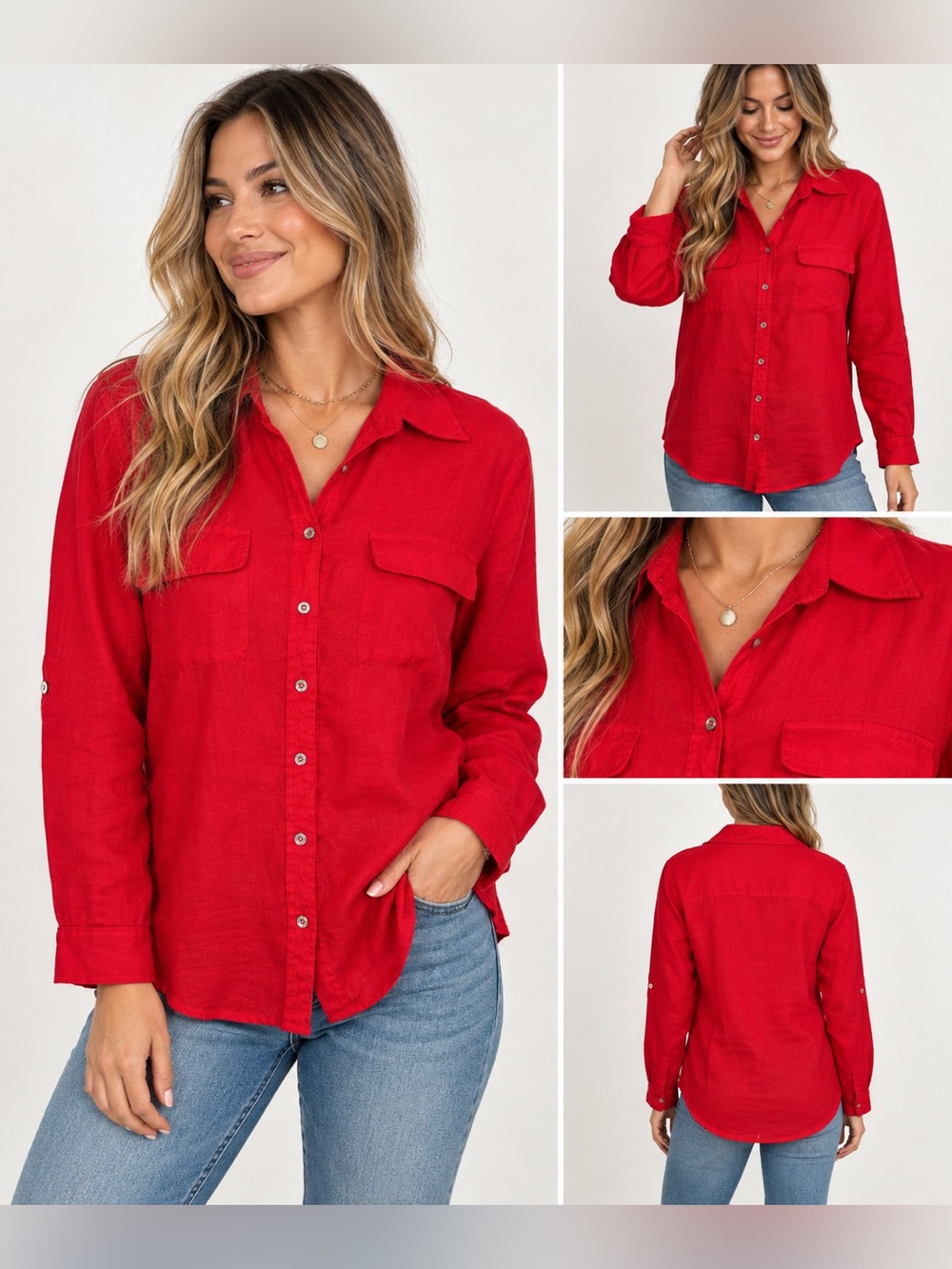 Calvin Klein Women's Red Button Down Long Sleeve linen Shirt size small